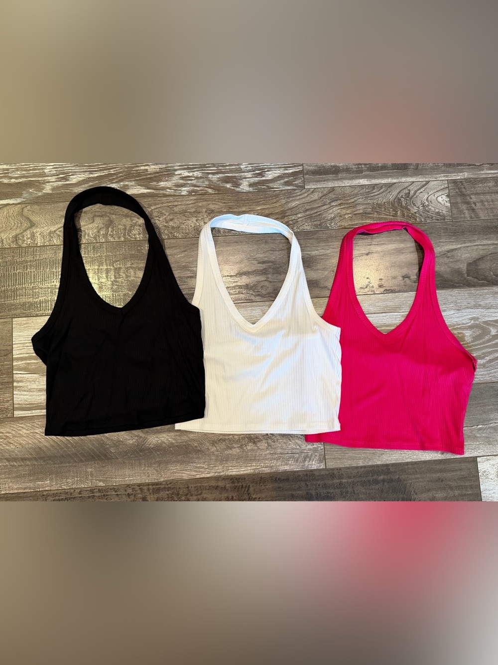 Fashion Nova Ribbed V-Neck Halter crop top Trio — Black, White & Hot Pink